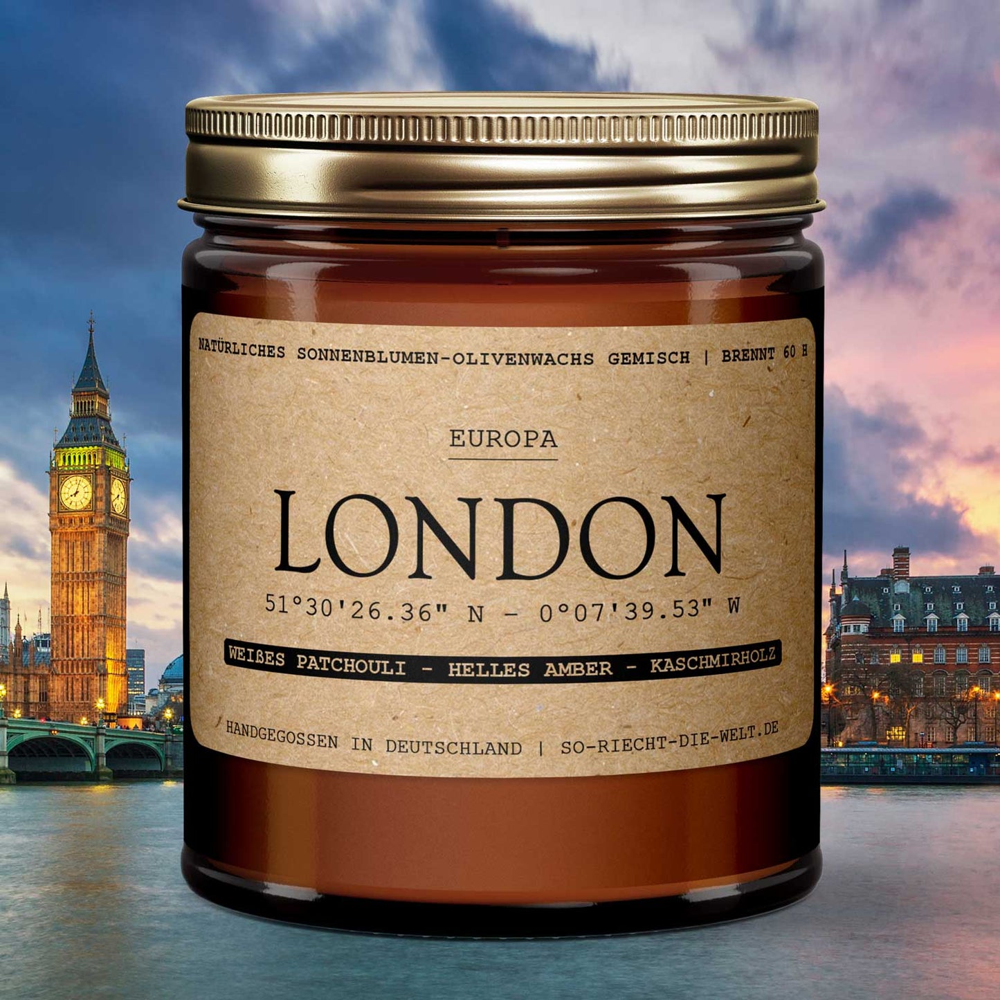London Scented Candle - white Patchouli | light Amber | Cashmere Wood 500ml