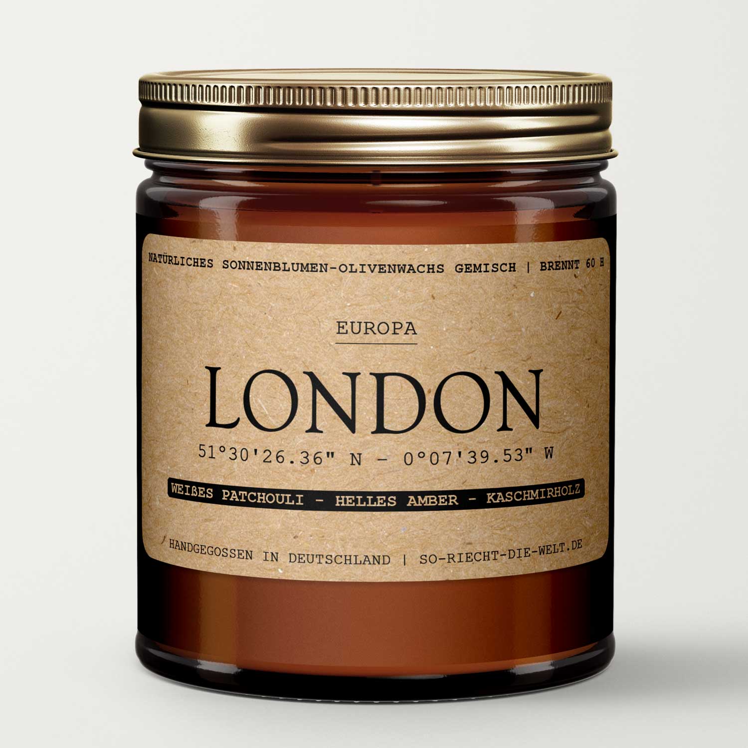 London Scented Candle - white Patchouli | light Amber | Cashmere Wood