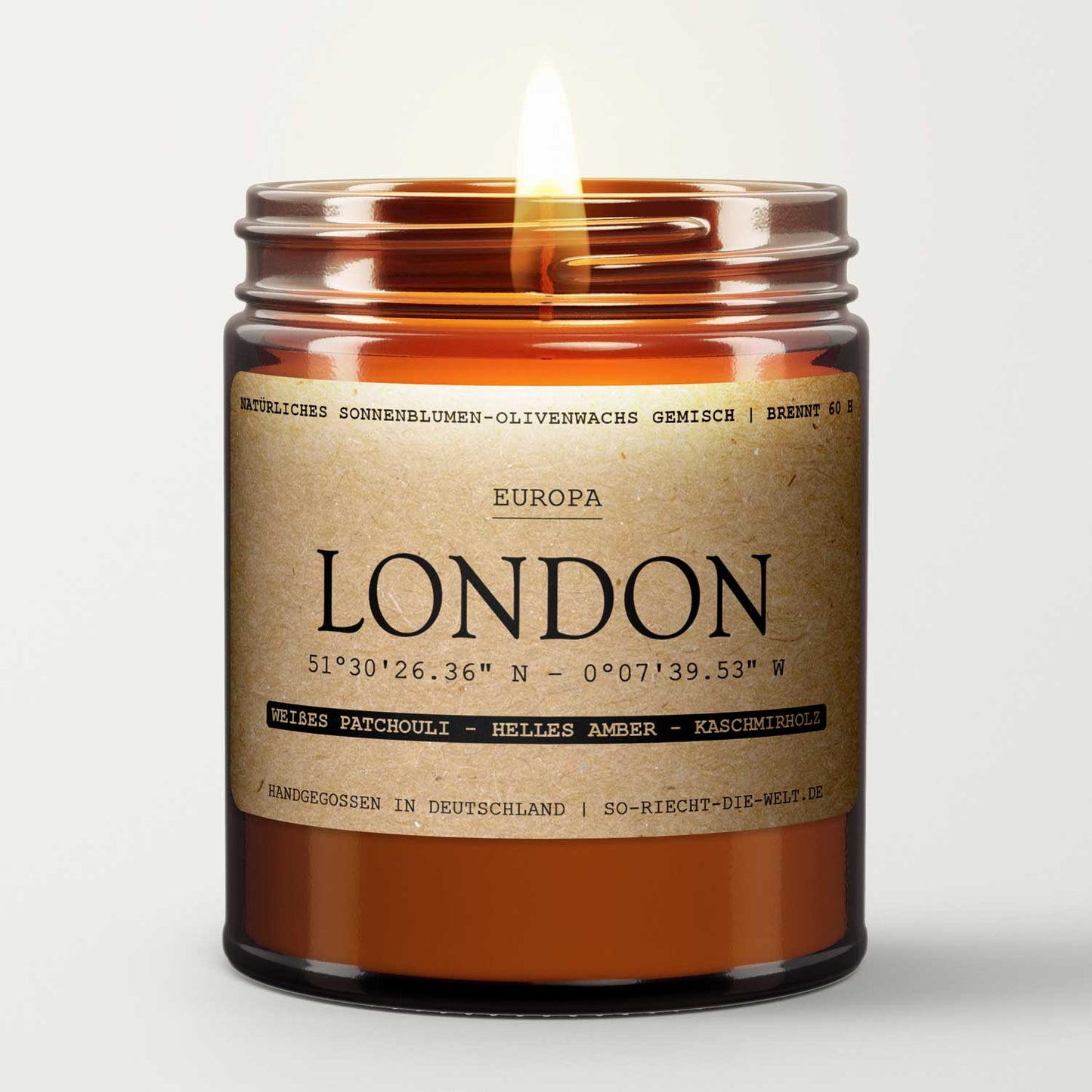 London Scented Candle - white Patchouli | light Amber | Cashmere Wood